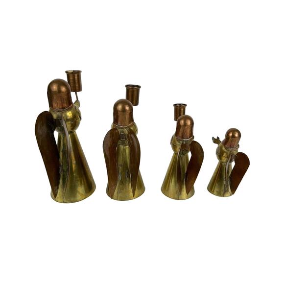 4 Brass and Copper Primitive Angels Candle Holders Hand Made Vintage - Picture 4 of 10